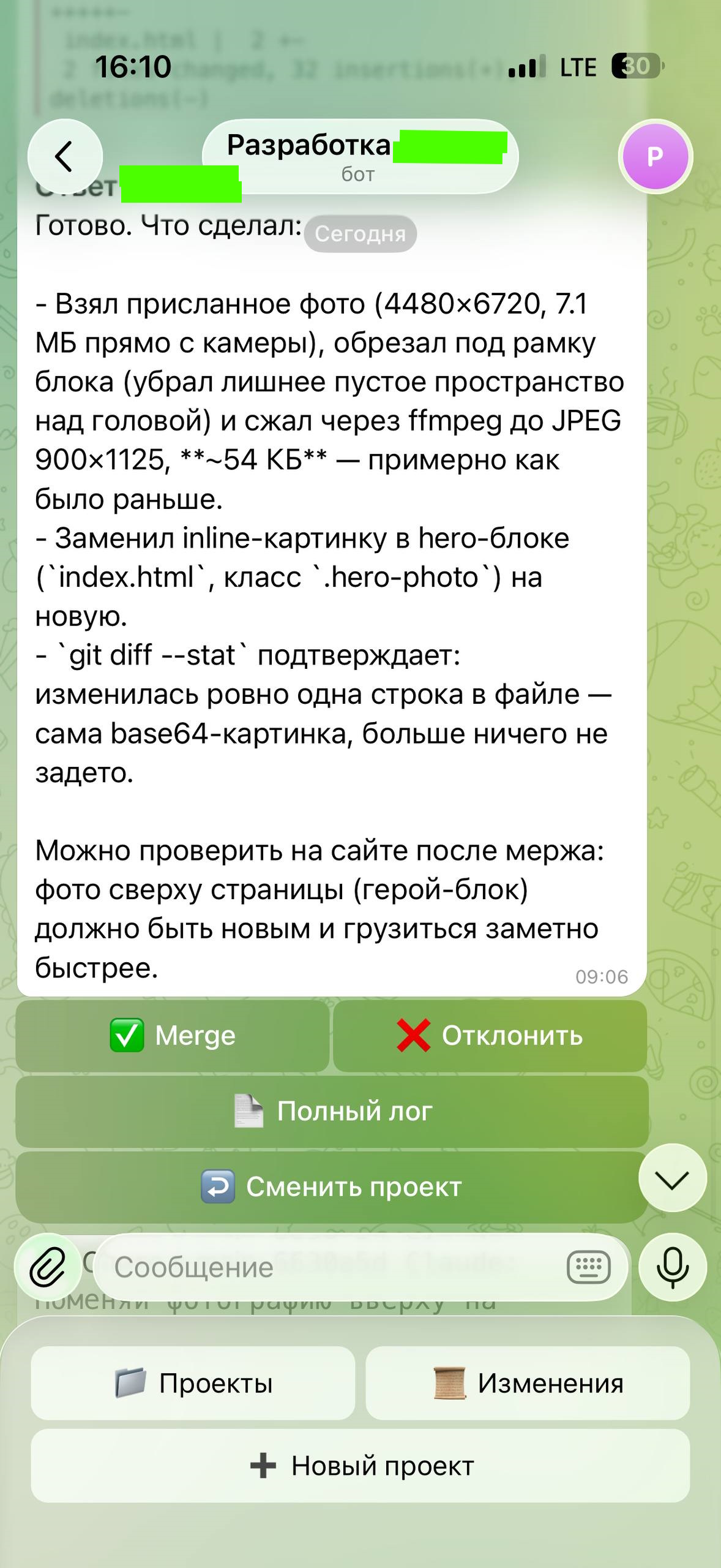 Скриншот диспетчера разработки: результат задачи и кнопки Merge/Отклонить